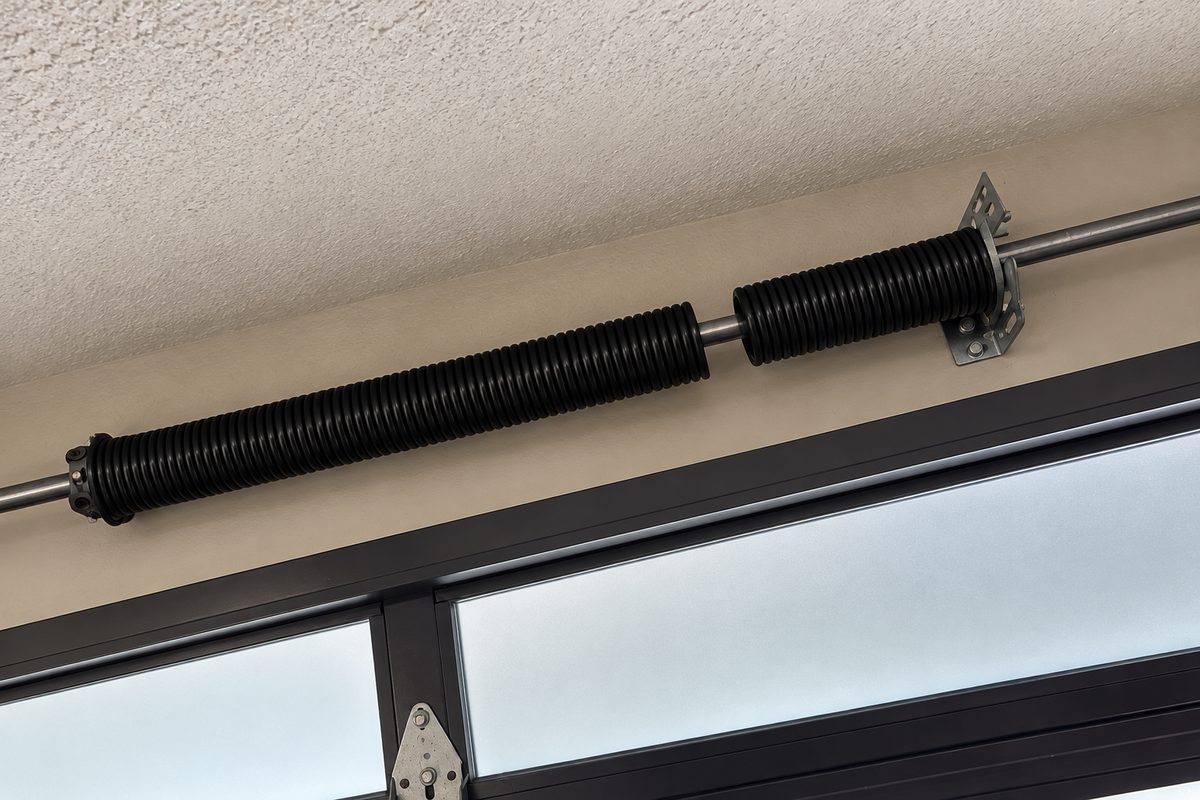 Garage door torsion spring and shaft mounted above the door