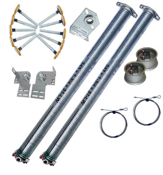 Torsion springs, cable drums and lift cables laid out before installation