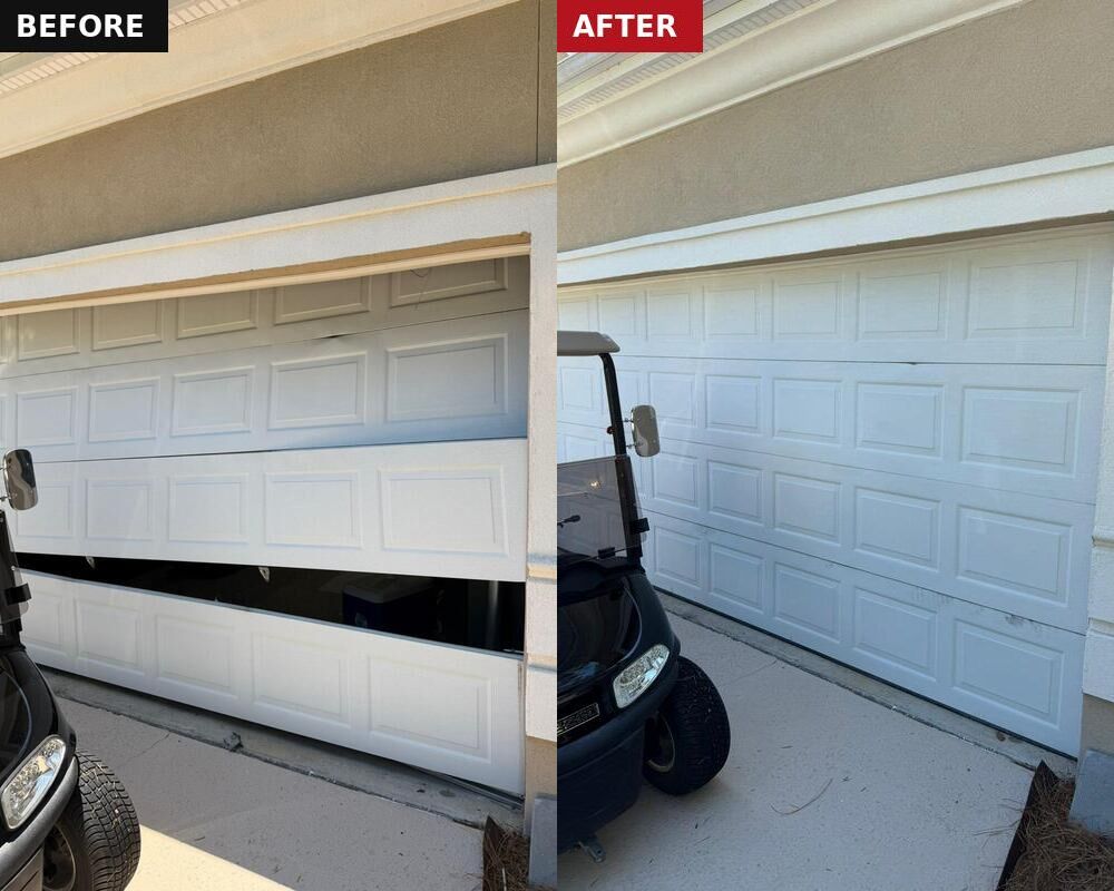 Before and after: a white garage door with sagging, misaligned panels and a gap, then the same door repaired with straight, closed panels
